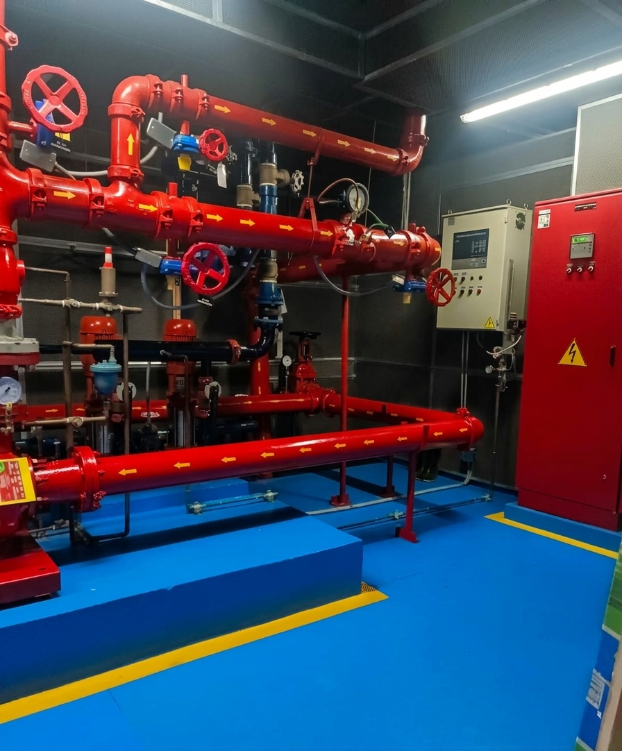 Sala de bombas industrial con tuberías rojas, válvulas y un armario de control rojo sobre un suelo azul.