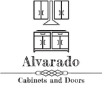 Logo for Alvarado Cabinets and Doors featuring cabinet illustrations.