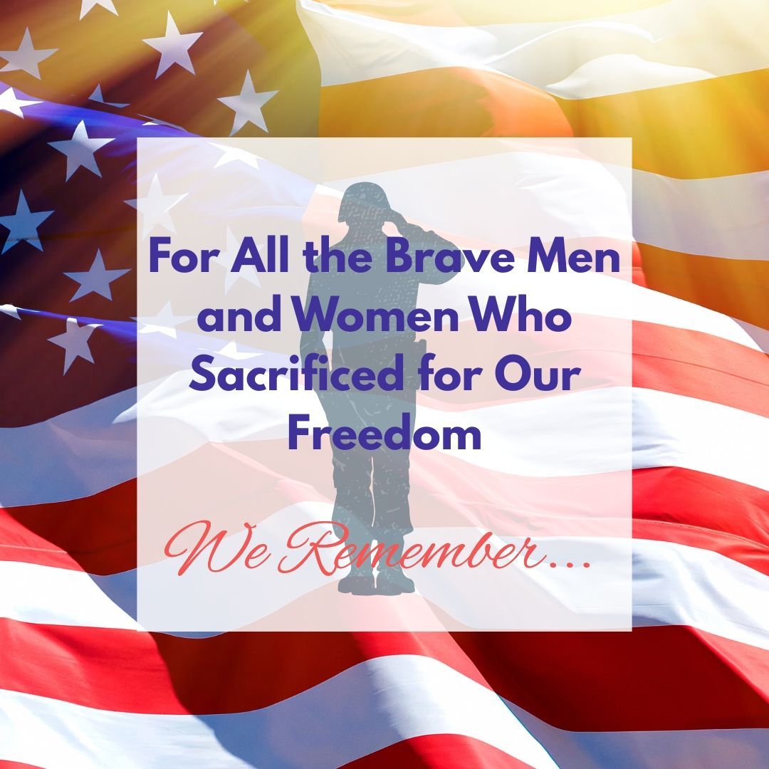 A soldier salutes in front of an american flag with the words for all the brave men and women who sacrificed for our freedom we remember
