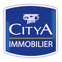 Le logo de citya immobilier est bleu et blanc avec une bordure jaune.
