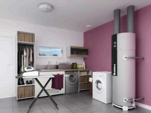 Une buanderie avec laveuse, sécheuse, planche à repasser et chauffe-eau.