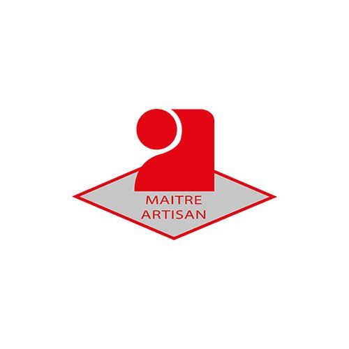 Un logo rouge et blanc pour maître artisan sur fond blanc.