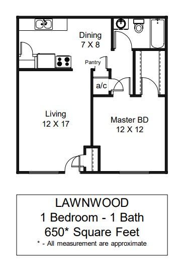 Floor Plan: one bedroom, one bathroom, 650 square feet
