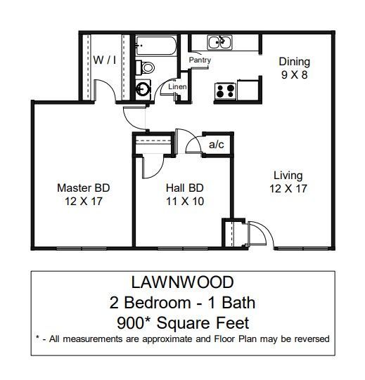 Floor Plan: two bedrooms, one bathroom, 900 square feet