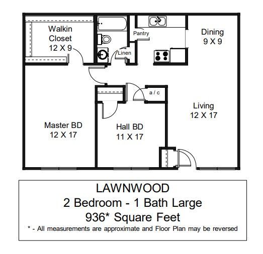 Floor Plan: two bedrooms, one bathroom, 936 square feet