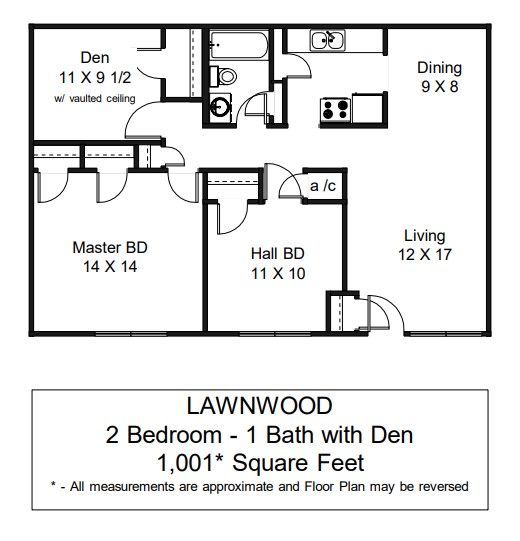 Floor Plan: two bedrooms, one bathroom, den, 1,001 square feet