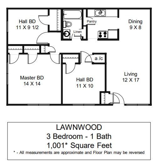 Floor Plan: three bedrooms, one bathroom, 1,001 square feet