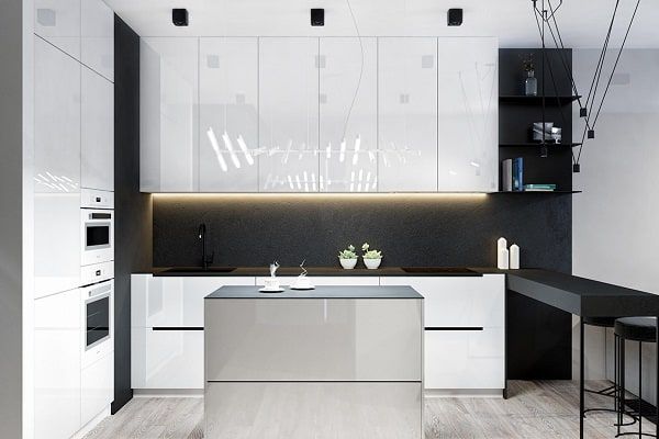 Modern kitchen with white glossy cabinets, black backsplash, and a gray island.