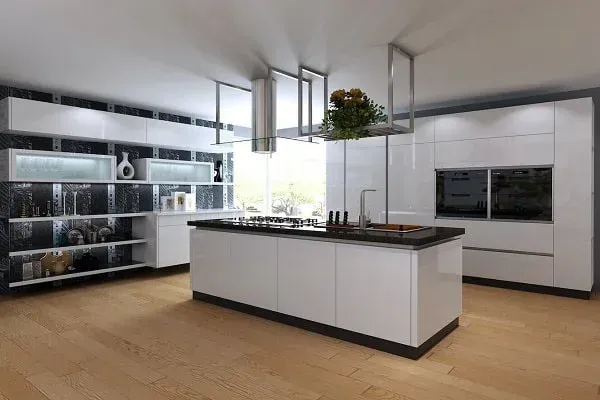 Modern white kitchen with island, built-in appliances, open shelving, and light wood flooring.