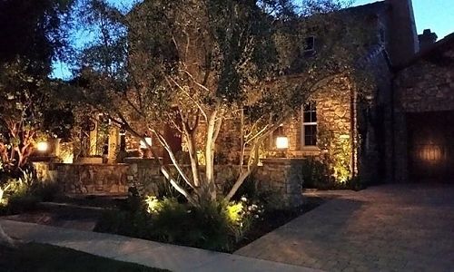 A house is lit up at night with trees in front of it.