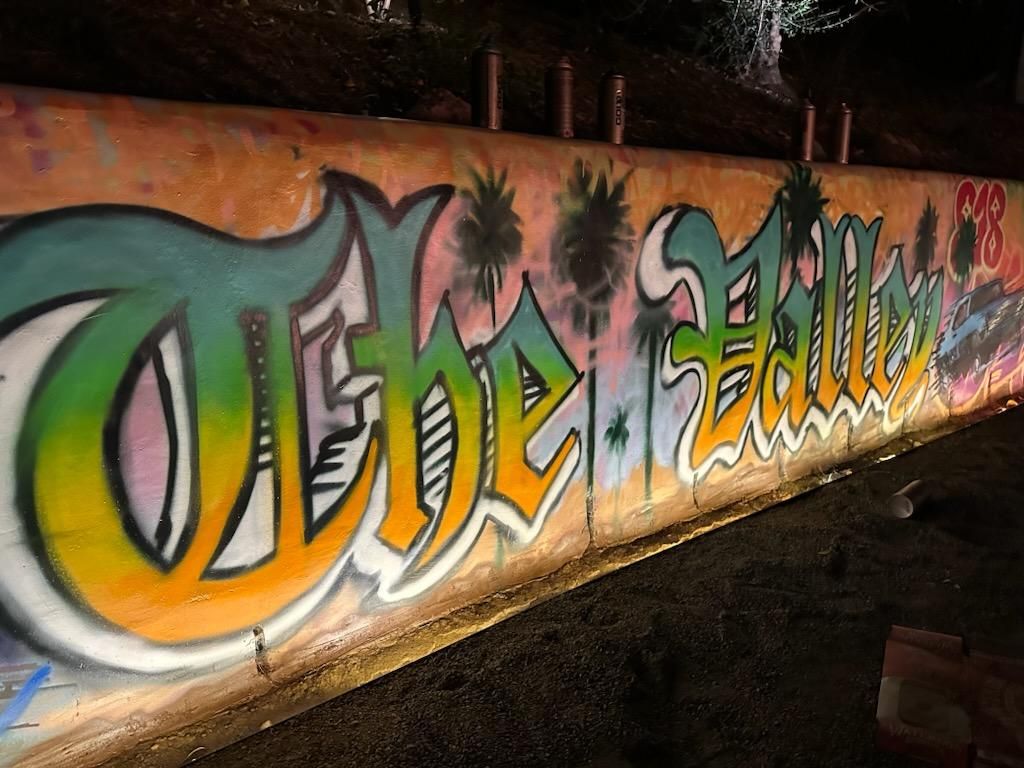 A wall with graffiti on it that says the palms