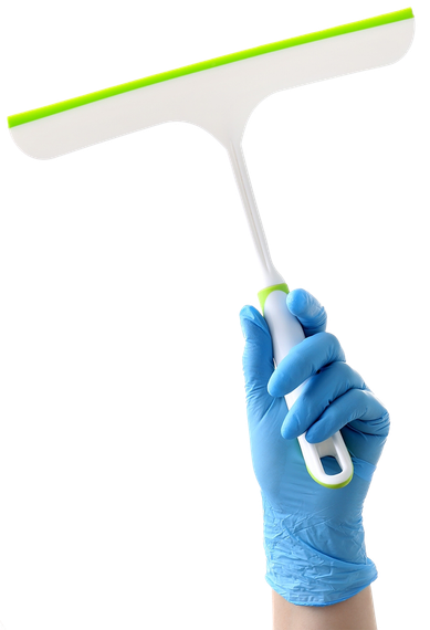 Hand in a blue glove holding a white and green window scraper.