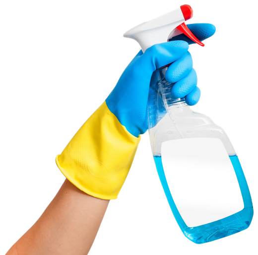 Hand in blue and yellow glove holding a spray bottle filled with cleaning liquid.
