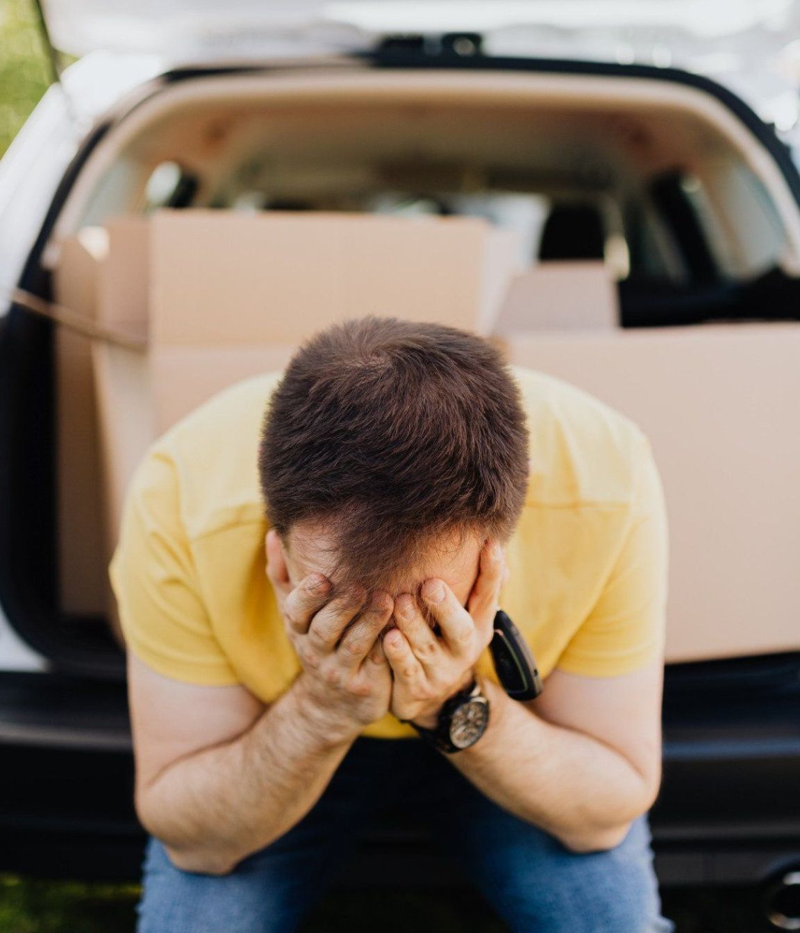 Individual Therapy A man is sitting in the back of a car with his hands on his face.