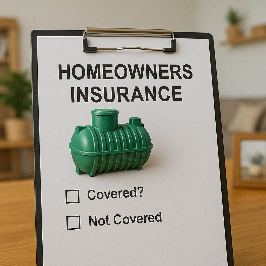 Insurance form on clipboard with a green septic tank icon and checkboxes for covered or not covered.