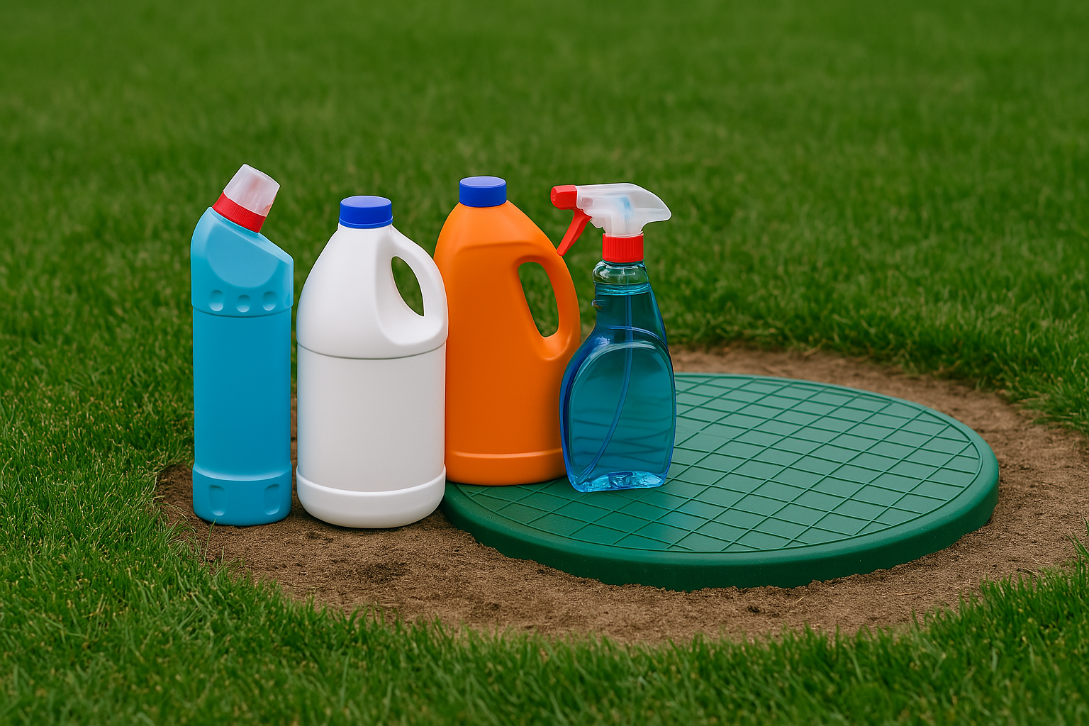 Bottles of household cleaning products placed near a green septic tank lid on a lawn.