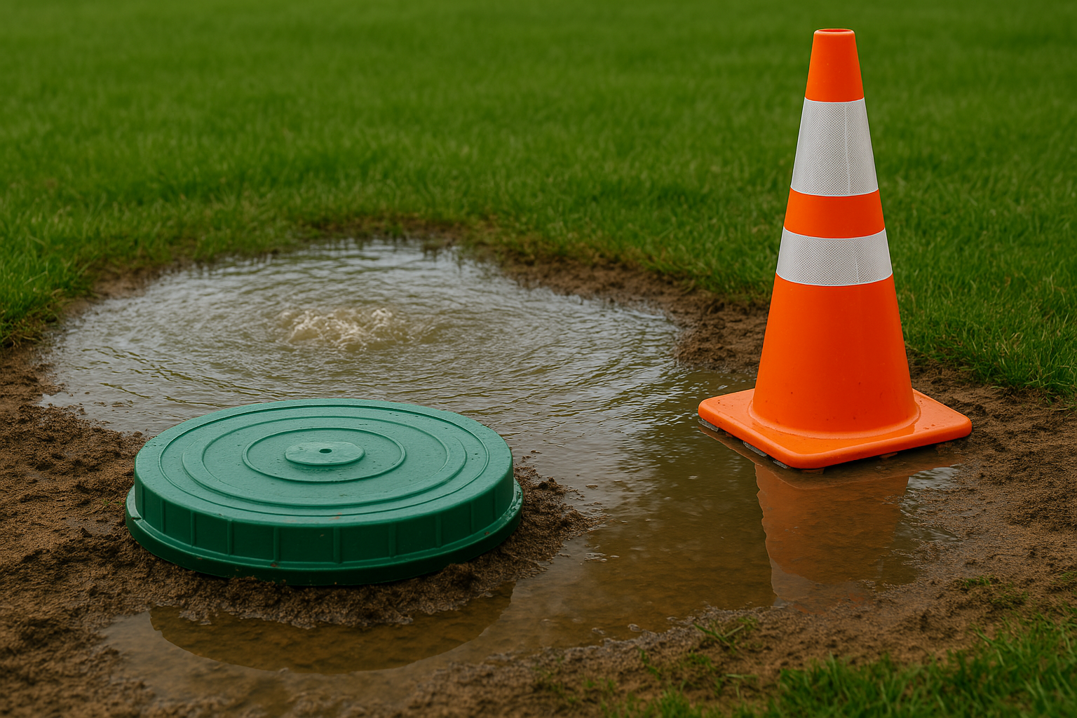 emergency septic system situation backed up with puddles and rain