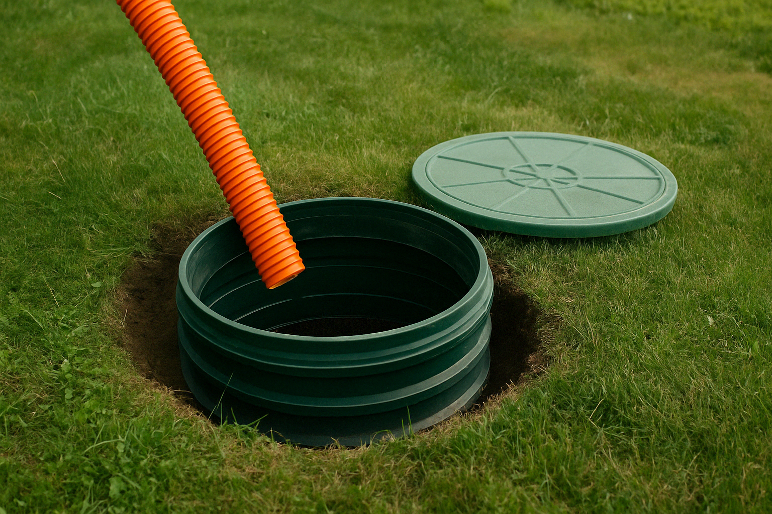 Open green septic tank with orange hose in a grassy yard.