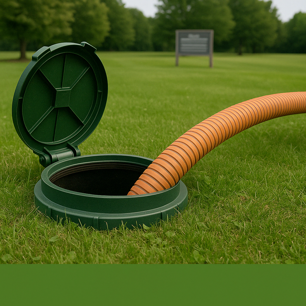 Green septic tank lid open with an orange hose inside, on grass near a regulation sign