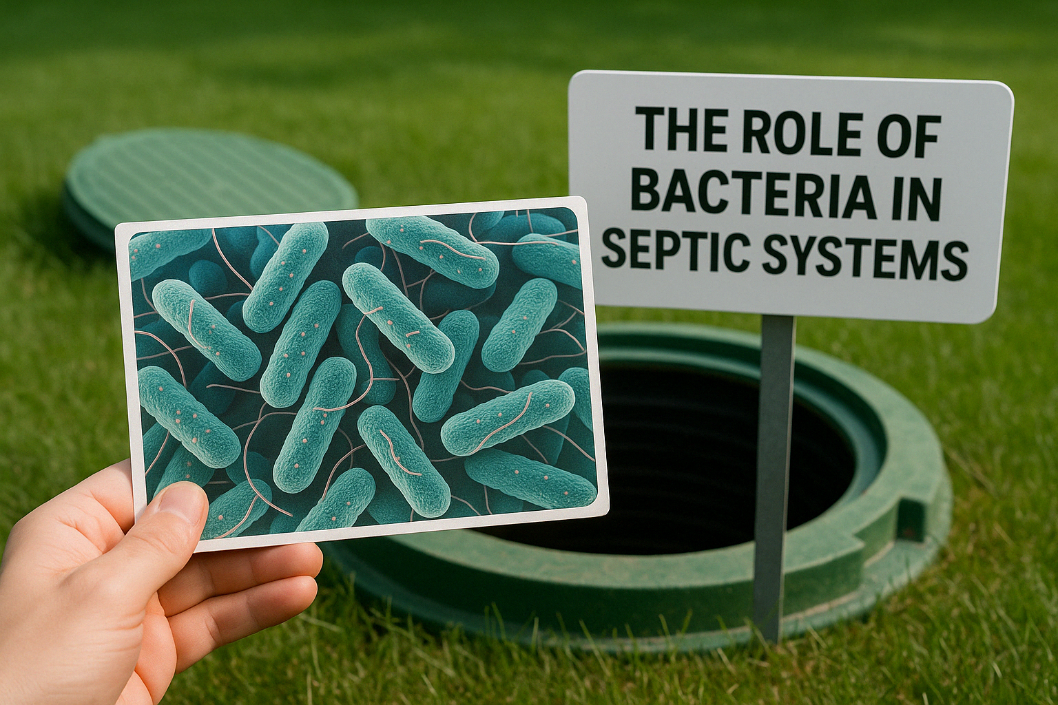 Hand holding an illustration of bacteria near an open green septic tank a sign explaining bacteria