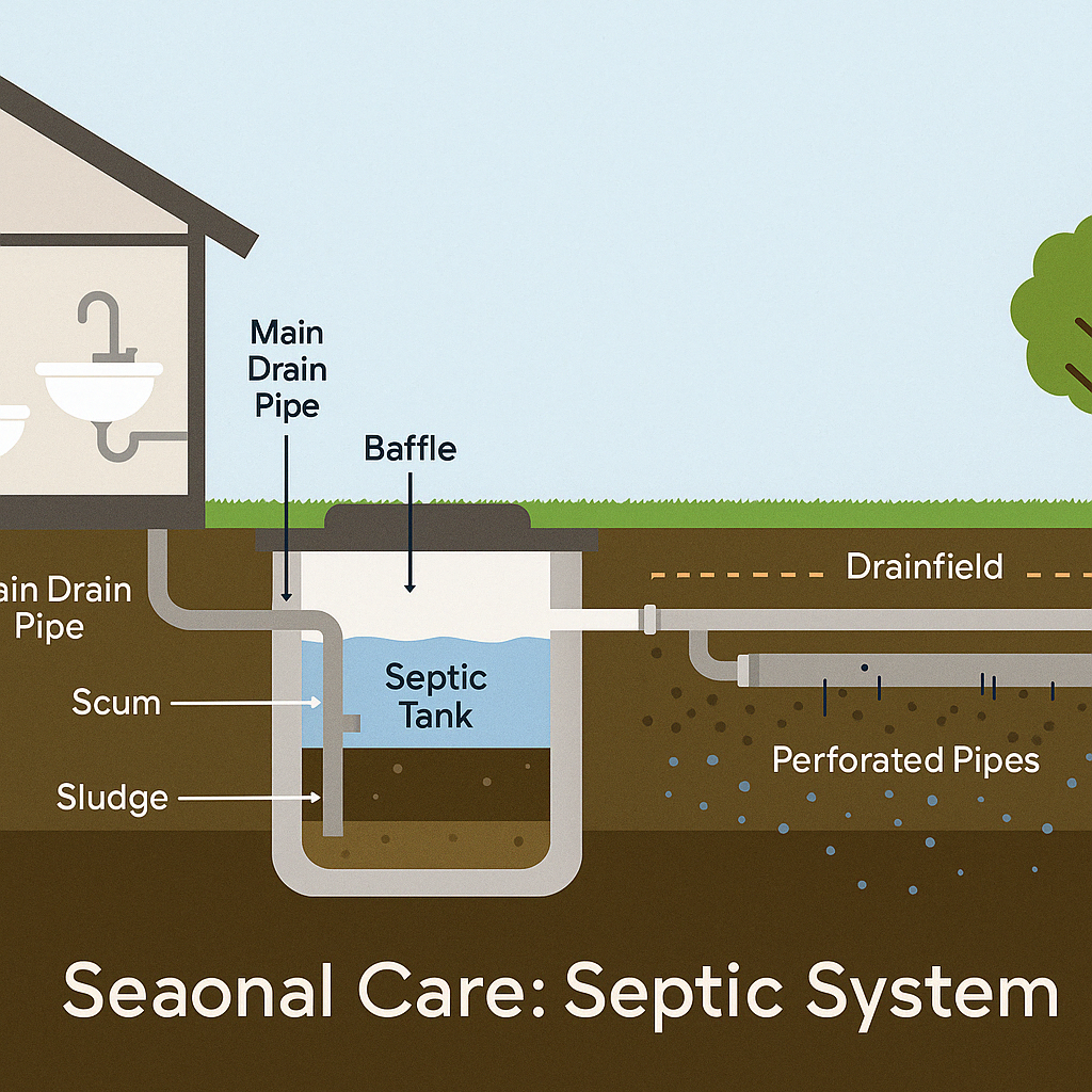 Diagram showing how a septic system works from house to septic tank to drainfield.