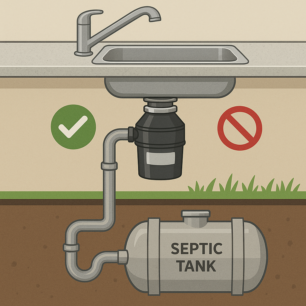 Garbage disposal under sink connected to a septic tank with visual do’s and don’ts.