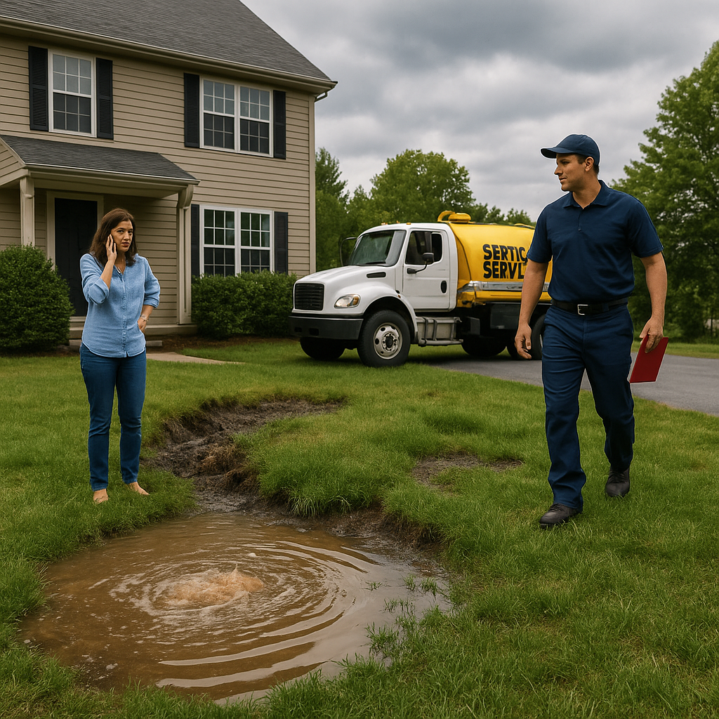 Residential technician responds to a septic emergency with standing water and repair tools on-site.
