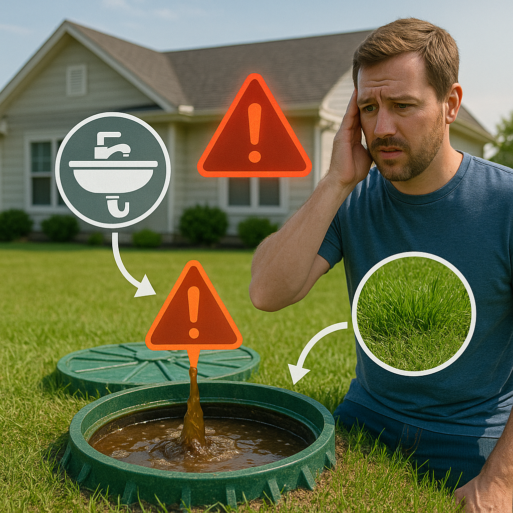 Concerned homeowner beside an overflowing septic tank with warning signs and infographic indicators.