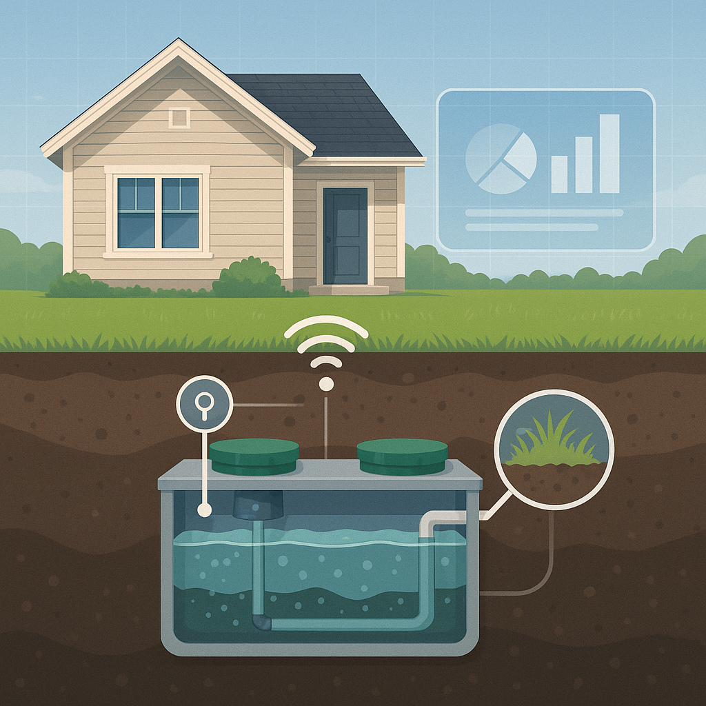 Smart septic system with sensors and real-time monitoring data beneath a modern suburban home.