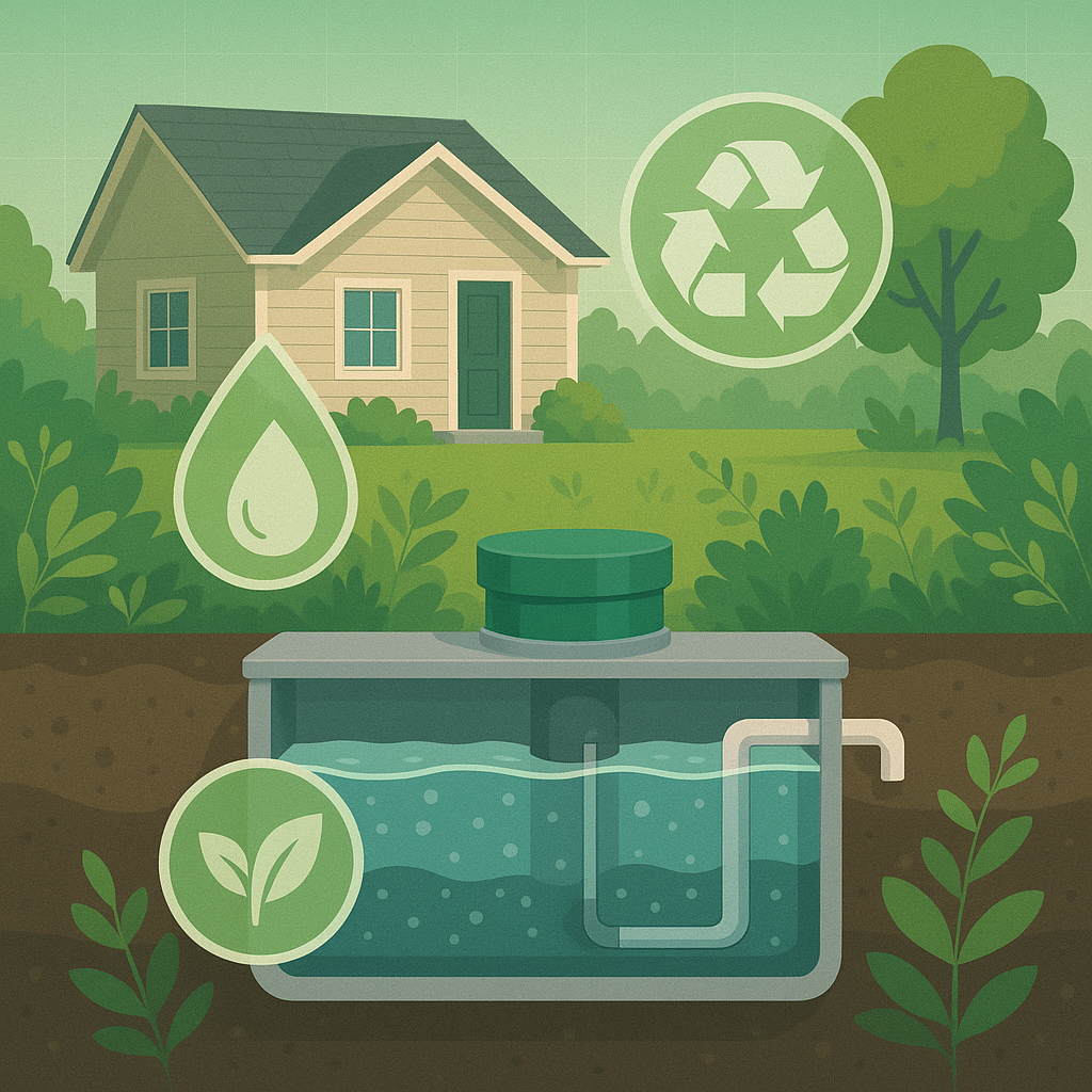 Eco-friendly septic system with sustainability icons beneath a home surrounded by lush greenery.