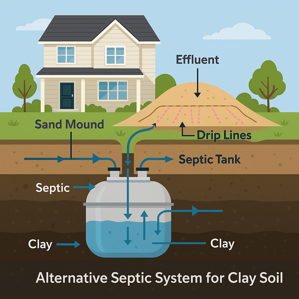 Alternative septic system for clay soil with labeled components.