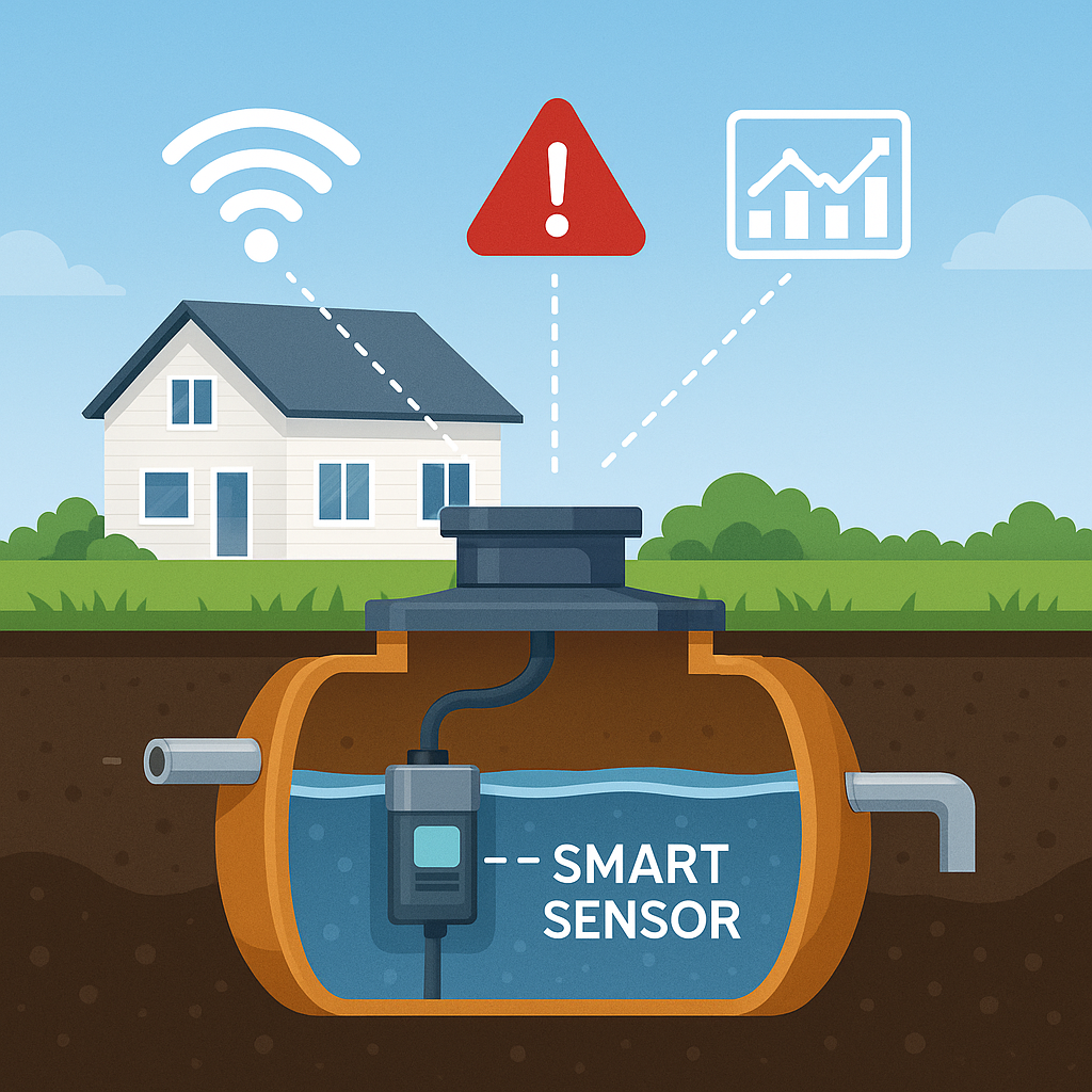 Modern septic tank with smart sensor and wireless alerts beneath a suburban home.