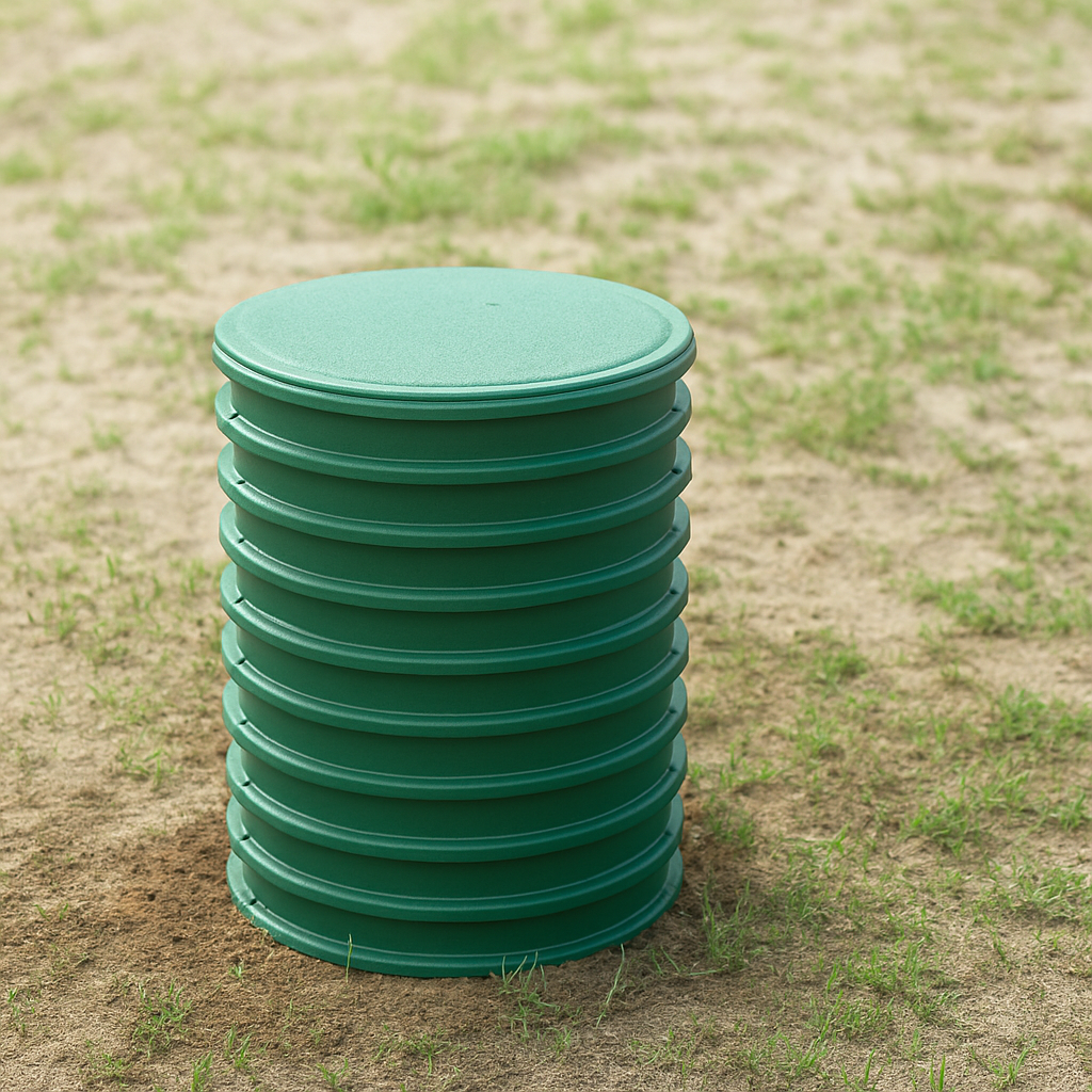 Green septic tank riser standing on patchy grass and dirt in an outdoor setting.