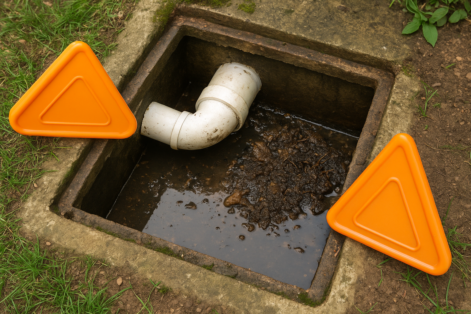 Uncovered septic distribution box with standing water and waste buildup next to a white PVC pipe.