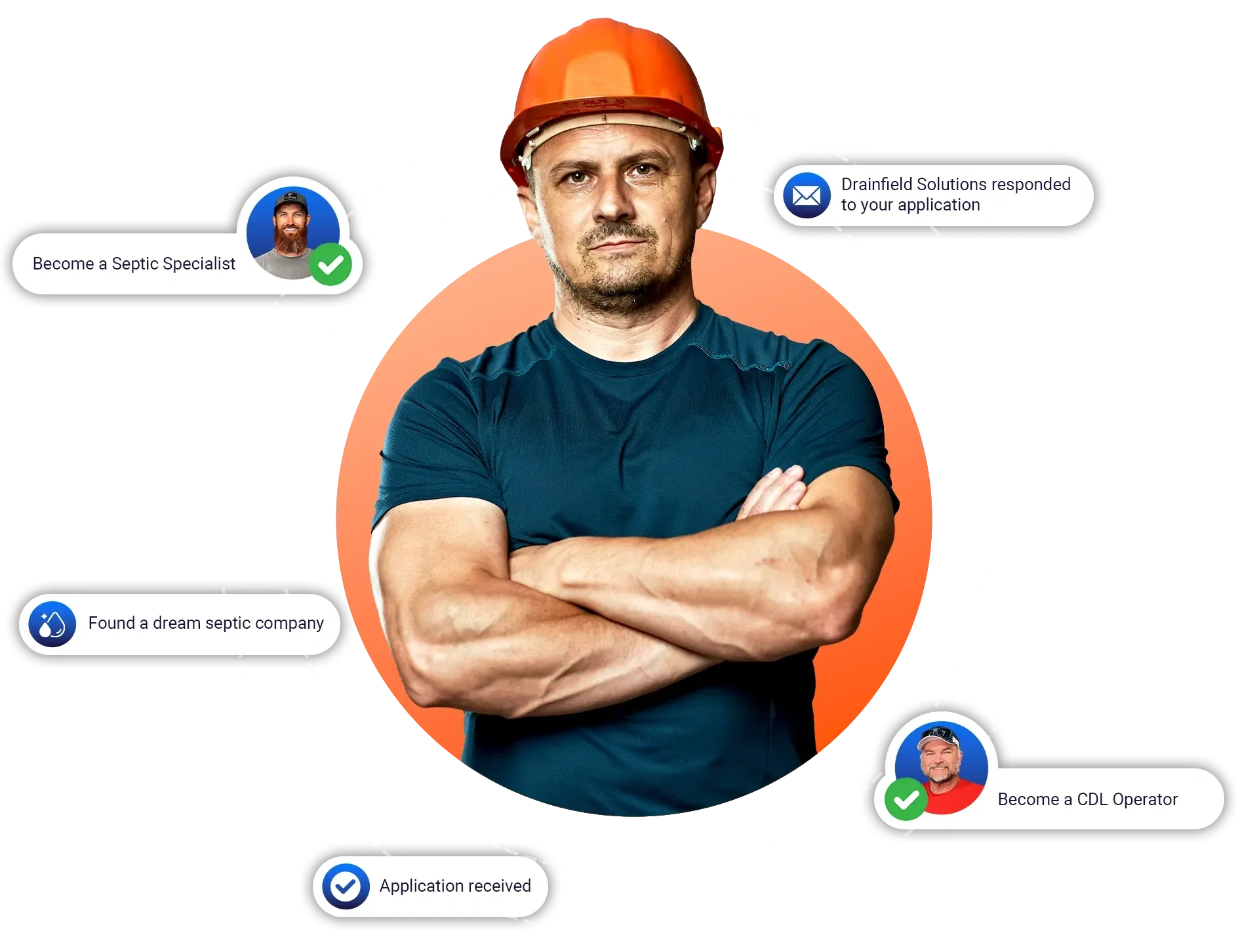 Smiling woman in a construction helmet with career notifications, representing job opportunities at Drainfield Solutions