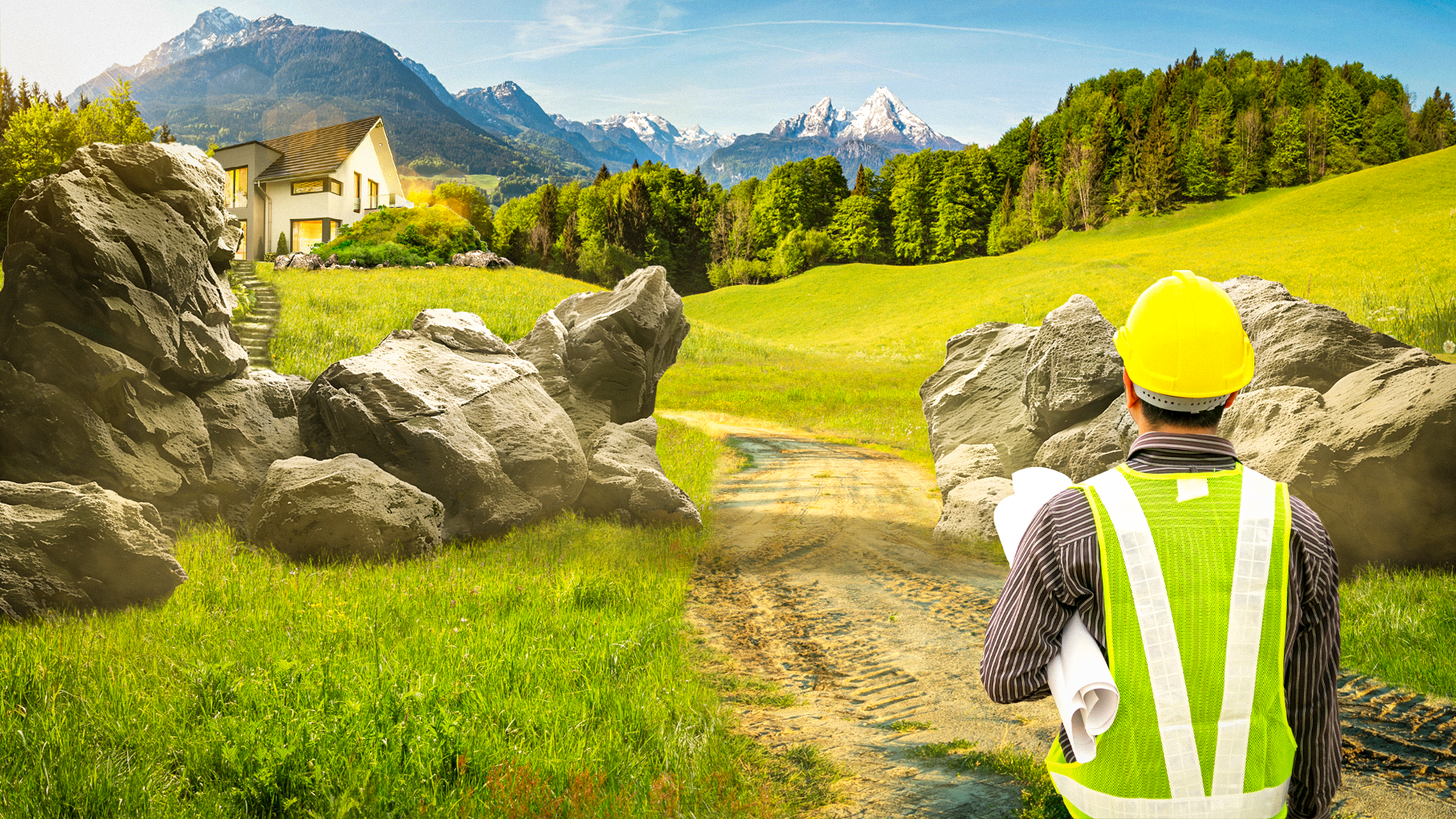 Engineer in safety gear assessing rocky path toward a house in a green, mountainous landscape.