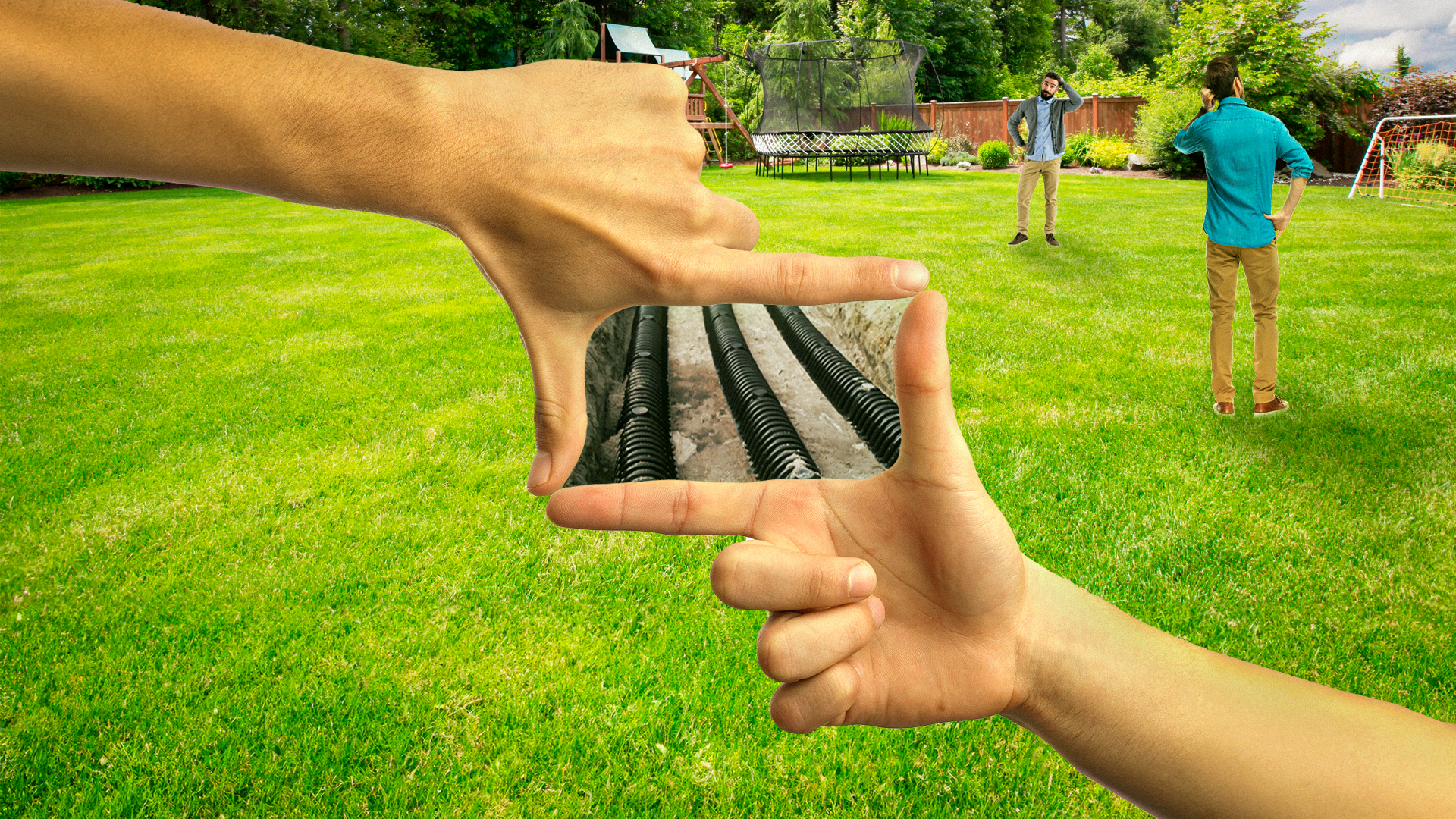 Two people searching for a hidden drainfield in a yard with hands showing the drain field. 