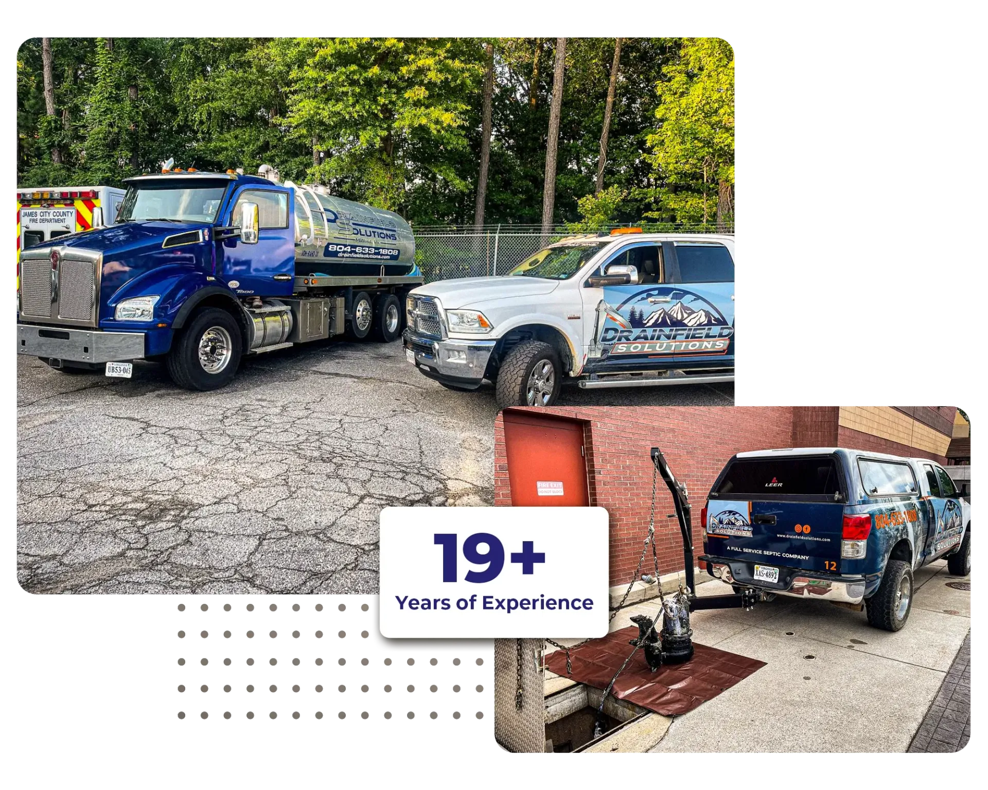 Drainfield Solutions service trucks parked with 19+ years of experience badge