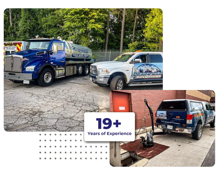 Drainfield Solutions service trucks parked with 19+ years of experience badge.
