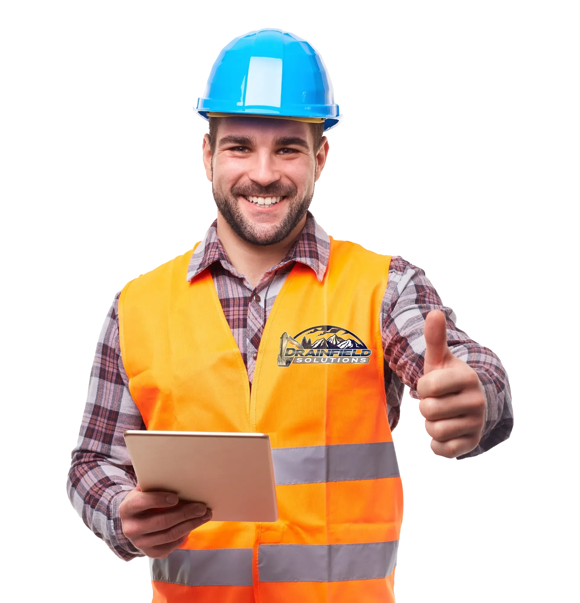 Technician in hard hat and safety vest giving thumbs-up for a range of septic services