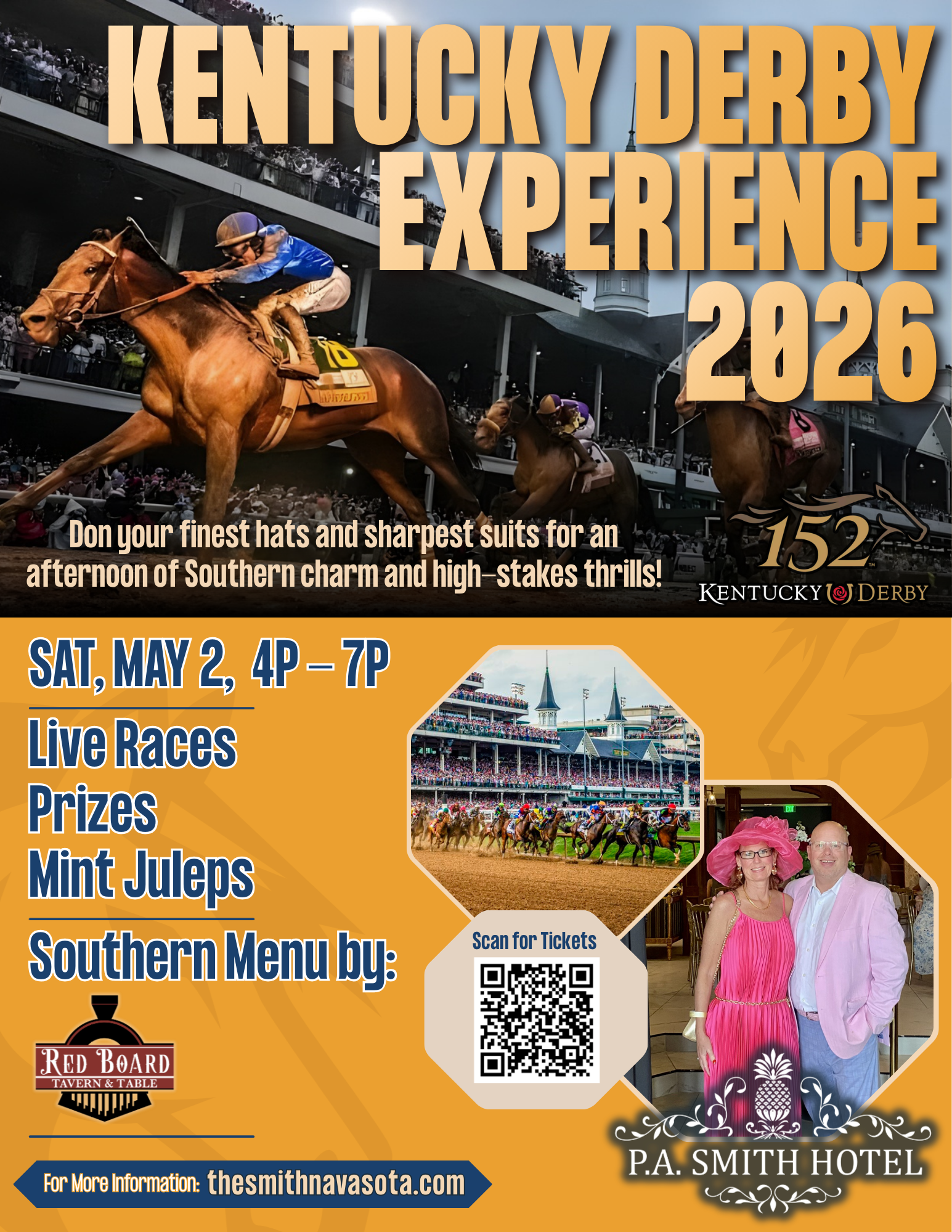 Event flyer for the 2026 Kentucky Derby Experience on May 2nd, featuring race imagery, event details, and a QR code.