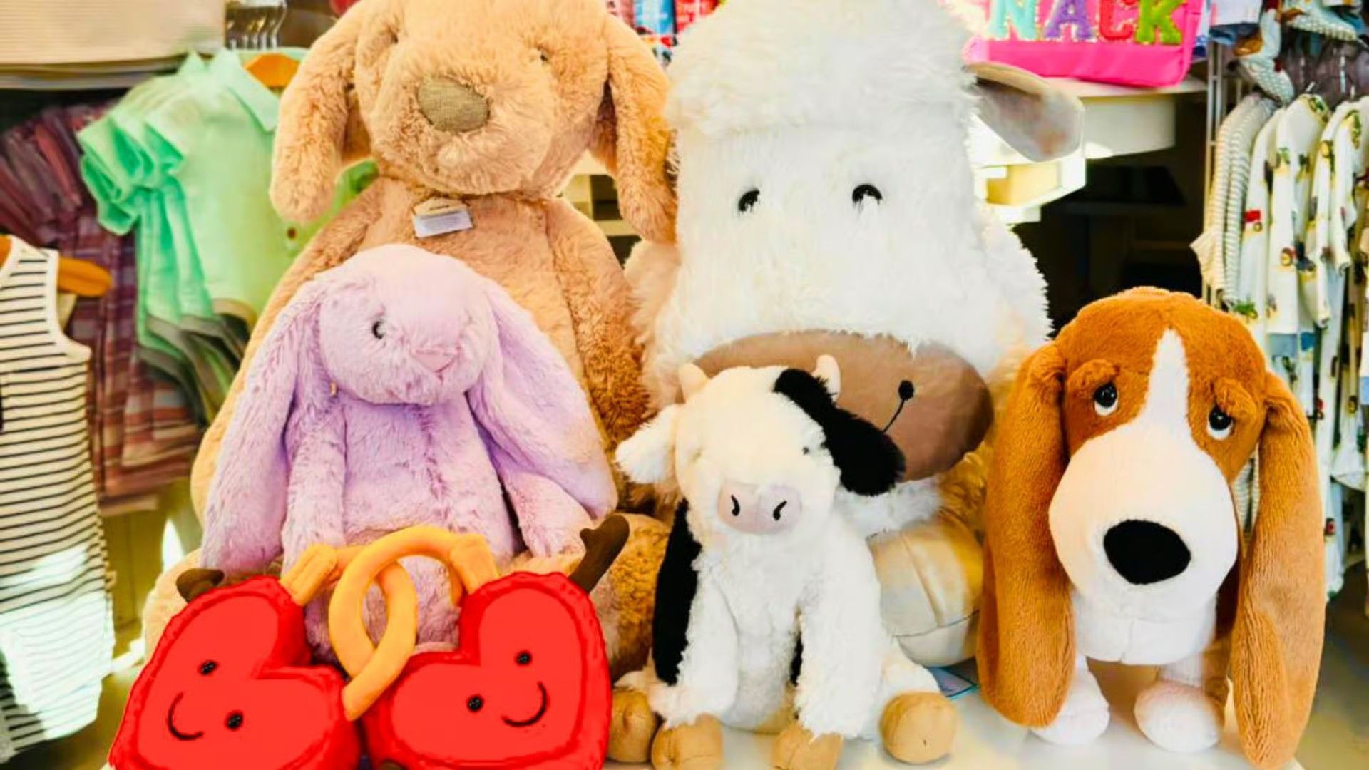 A display of plush toys, including a large tan dog, a white lamb, a purple bunny, a small cow, and a basset hound.