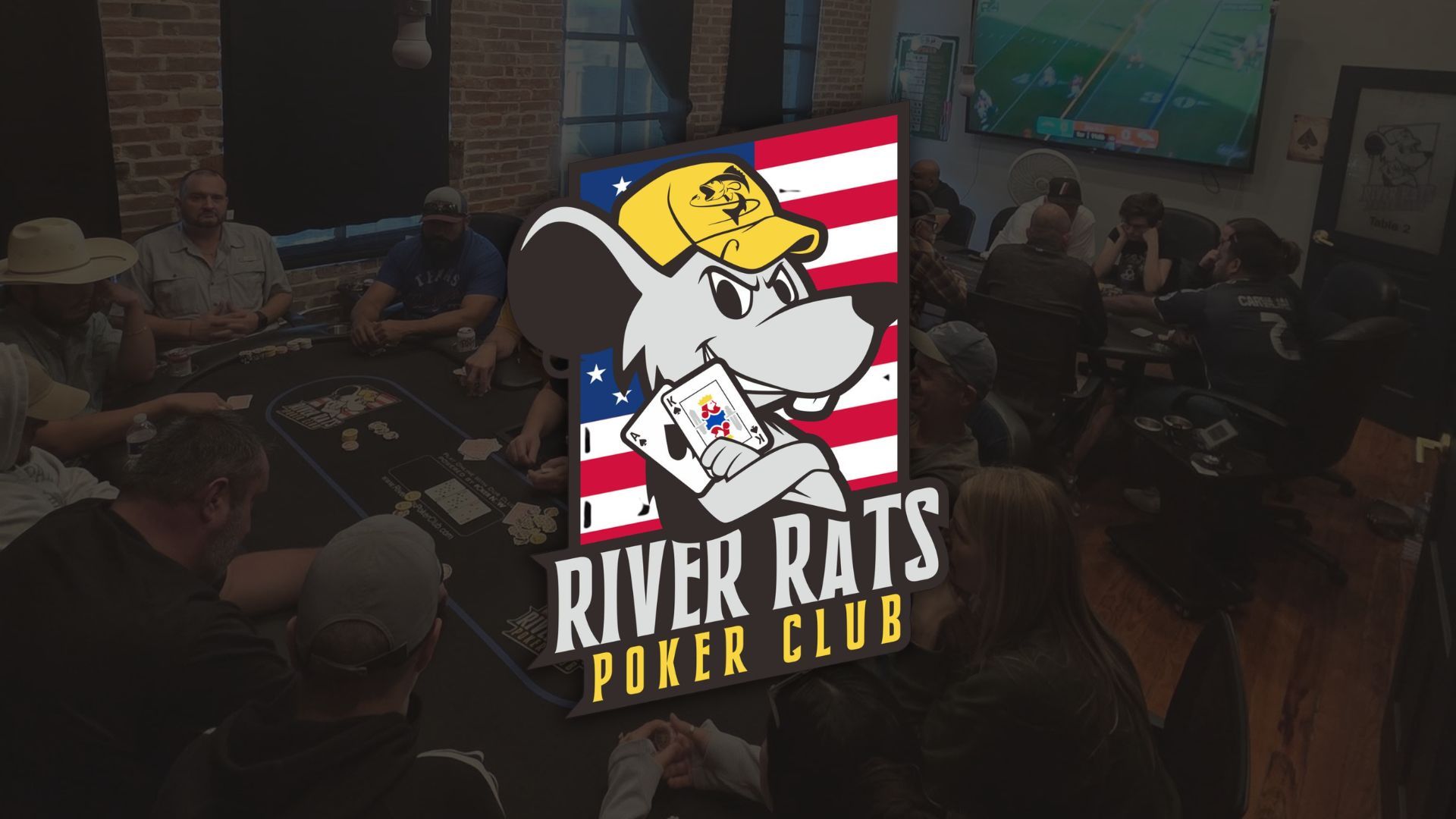 People playing poker with Poker Club logo in the foreground.