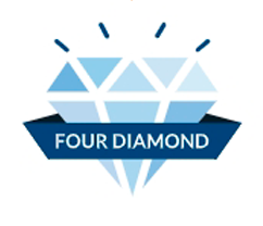 A light blue diamond graphic with a dark blue ribbon across it that reads 