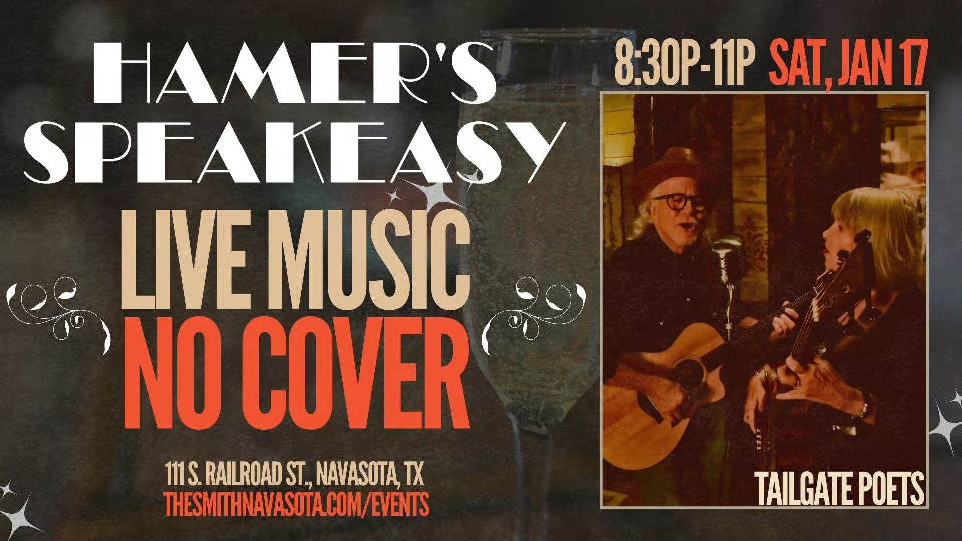 Event flyer for Hamer’s Speakeasy featuring live music by Tailgate Poets on Sat, Jan 17, 8:30–11P. No cover charge.