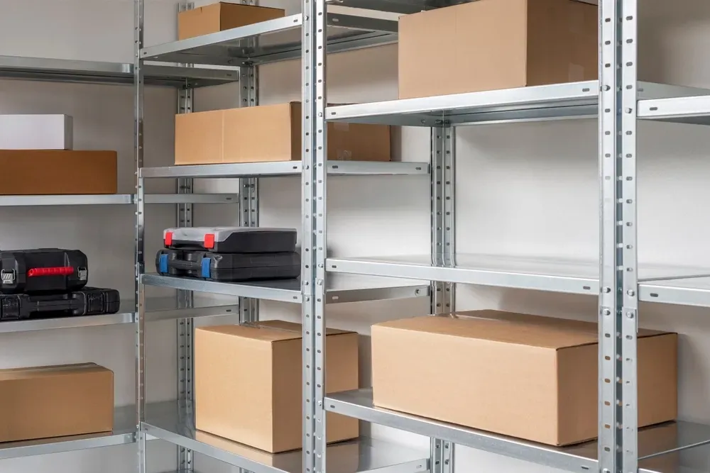 Metal shelving unit in a storage room holds cardboard boxes and tool cases. — Gympie Mini Storage in Gympie, QLD