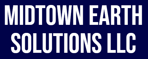 The logo for midtown earth solutions llc is blue and white