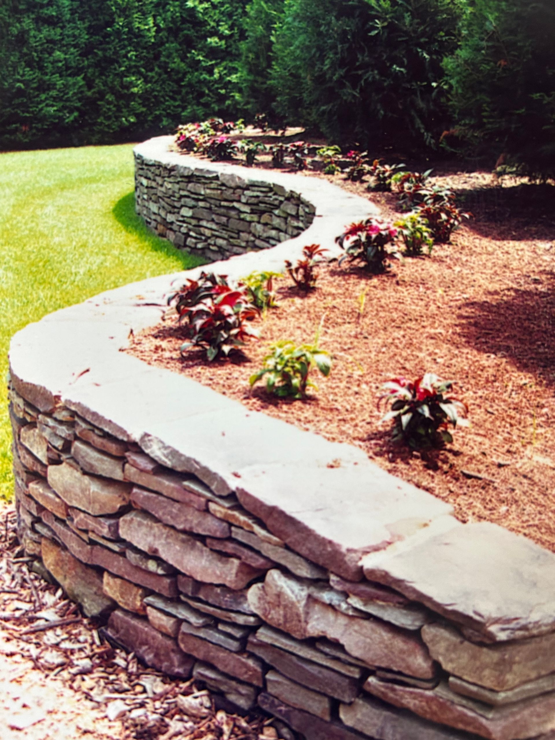 A stone wall surrounds a garden with flowers and mulch