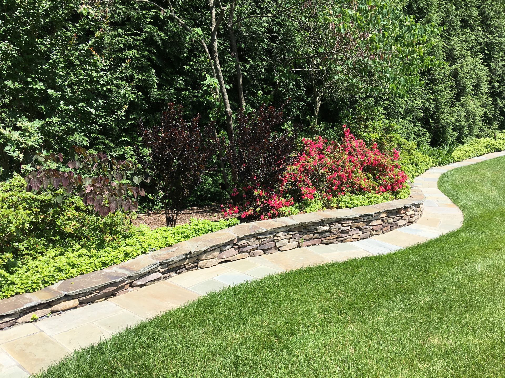 A stone walkway runs through a lush green lawn.