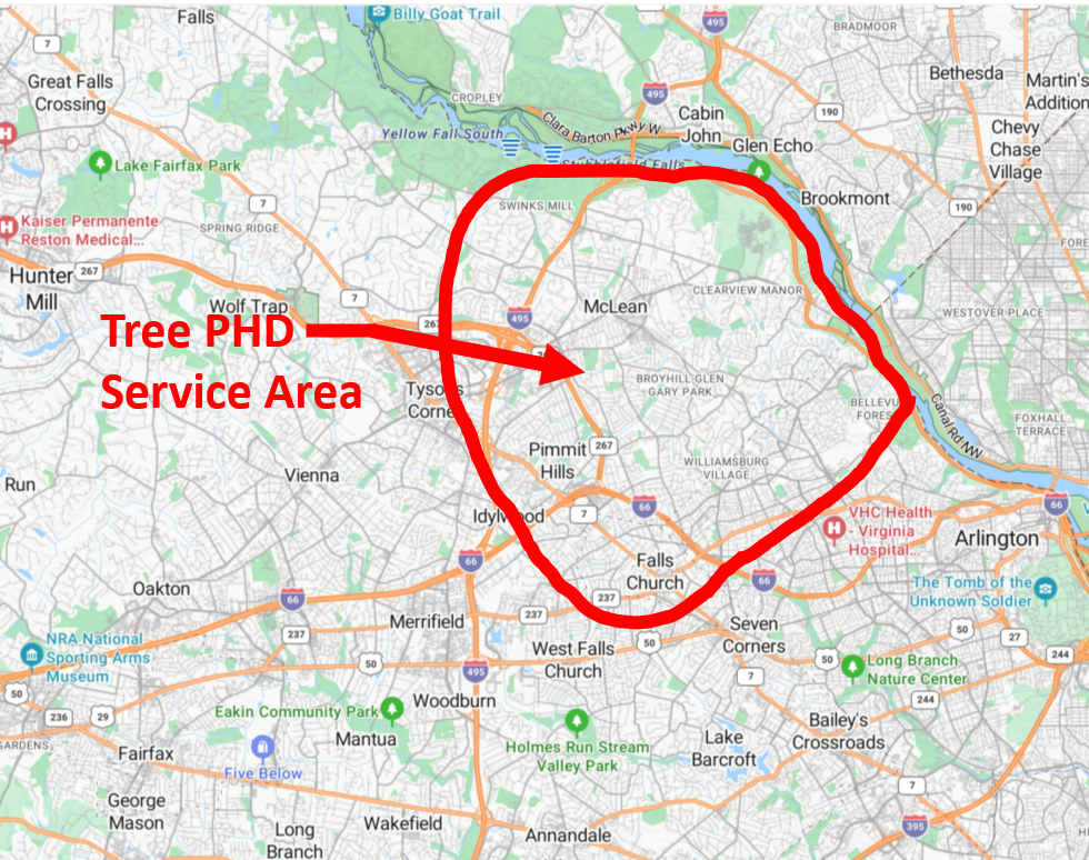 A map showing the location of a tree phd service area.